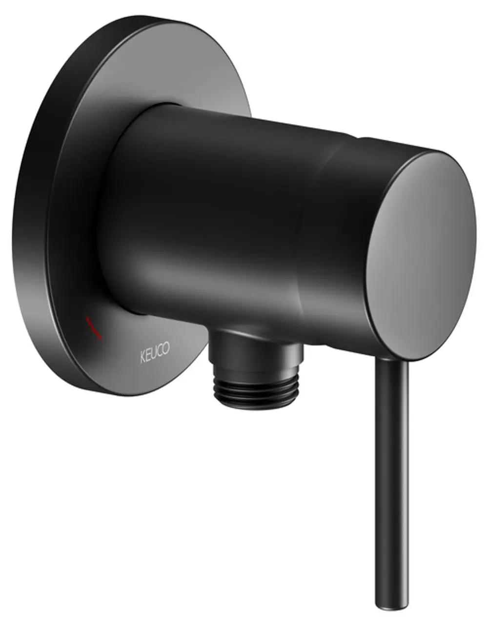 Schwarz mattierter Wasserhahn mit rundem Wandanschluss und schmalem Bediengriff. Marke Keuco, geeignet für moderne Badezimmeranwendungen.